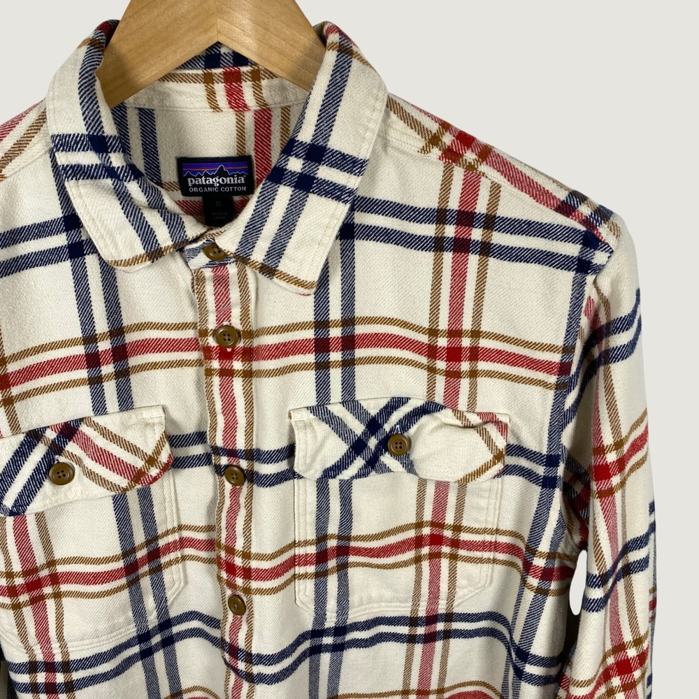 Patagonia Men's Heavyweight Fjord Flannel Shirt Thick Organic Cotton Plaid Cream